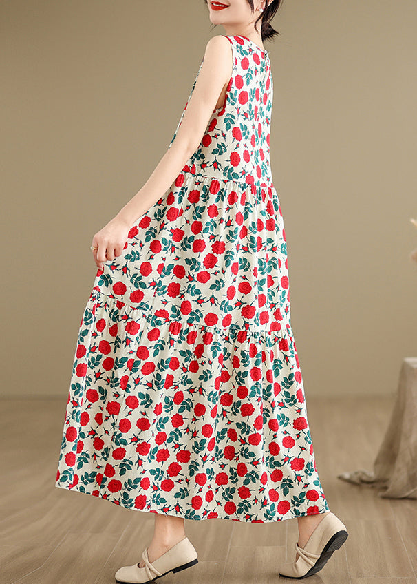 Beige O Neck Print Cotton Long Dresses Sleeveless Jh029