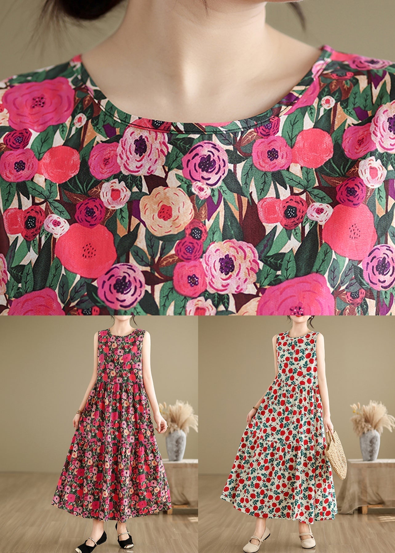 Beige O Neck Print Cotton Long Dresses Sleeveless Jh029