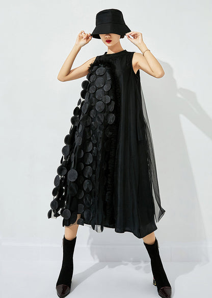 Black Asymmetrical Patchwork Wrinkled Tulle Maxi Dress Sleeveless Ly0832