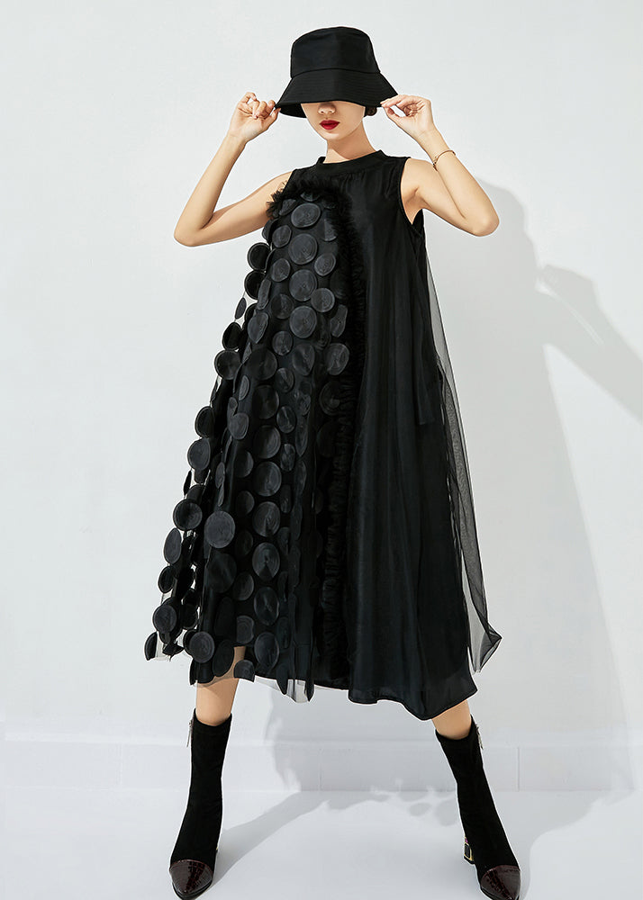 Tea Green-black Dot Asymmetrical Patchwork Wrinkled Tulle Maxi Dress Sleeveless Ly0869