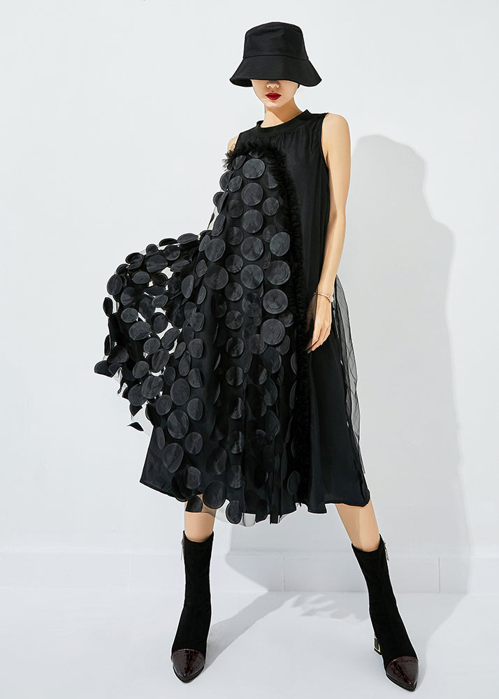 Black-blue Dot Asymmetrical Patchwork Wrinkled Tulle Maxi Dress Sleeveless Ly0871