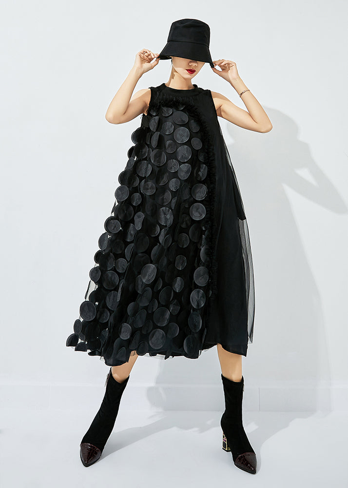 Black Asymmetrical Patchwork Wrinkled Tulle Maxi Dress Sleeveless Ly0832