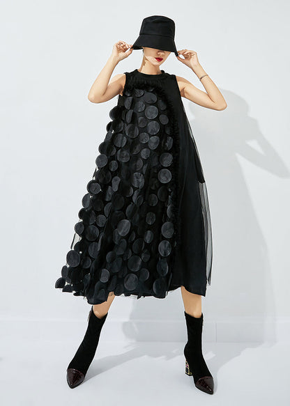 Light Green-black Dot Asymmetrical Patchwork Wrinkled Tulle Maxi Dress Sleeveless Ly0868
