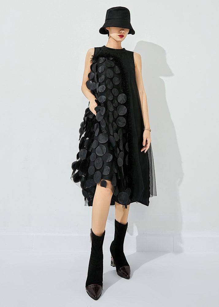 Light Green-black Dot Asymmetrical Patchwork Wrinkled Tulle Maxi Dress Sleeveless Ly0868