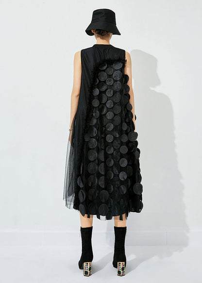 Black-blue Dot Asymmetrical Patchwork Wrinkled Tulle Maxi Dress Sleeveless Ly0871