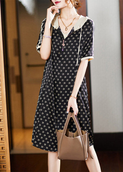 Black Graphic Print Patchwork Neck Tie Hooded Maxi Dresses Short Sleeve Ly1528