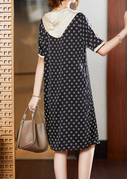 Black Graphic Print Patchwork Neck Tie Hooded Maxi Dresses Short Sleeve Ly1528