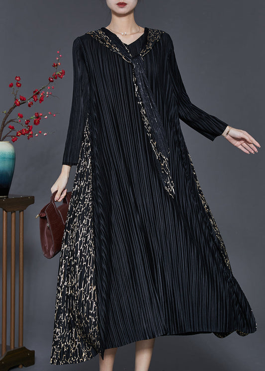 Black Hooded Patchwork Wrinkled Maxi Dresses Spring Sd1065