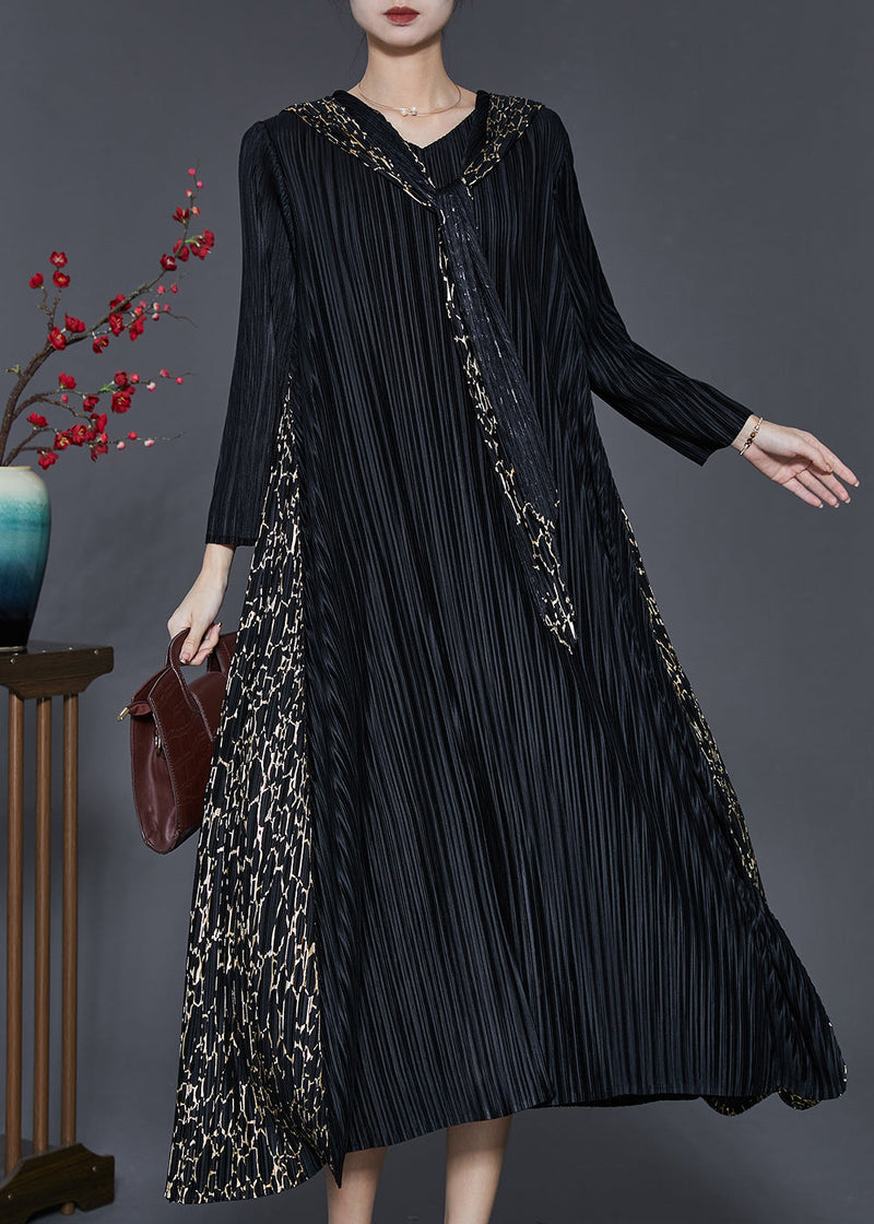 Black Hooded Patchwork Wrinkled Maxi Dresses Spring Sd1065