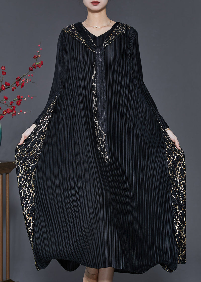 Black Hooded Patchwork Wrinkled Maxi Dresses Spring Sd1065