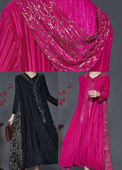 Black Hooded Patchwork Wrinkled Maxi Dresses Spring Sd1065