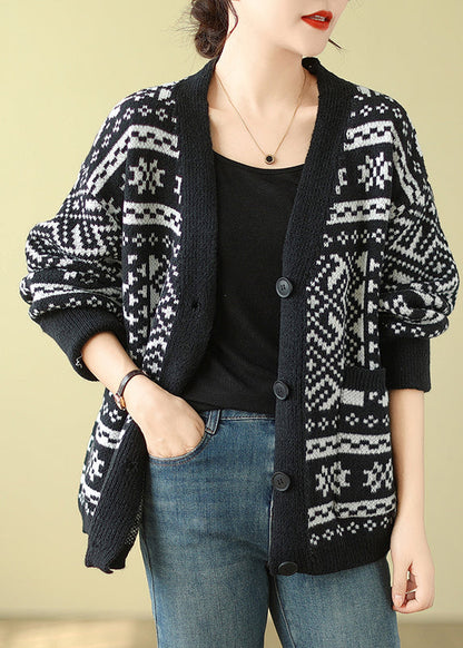 Black Oversized Print Knit Cardigan Spring Tm006