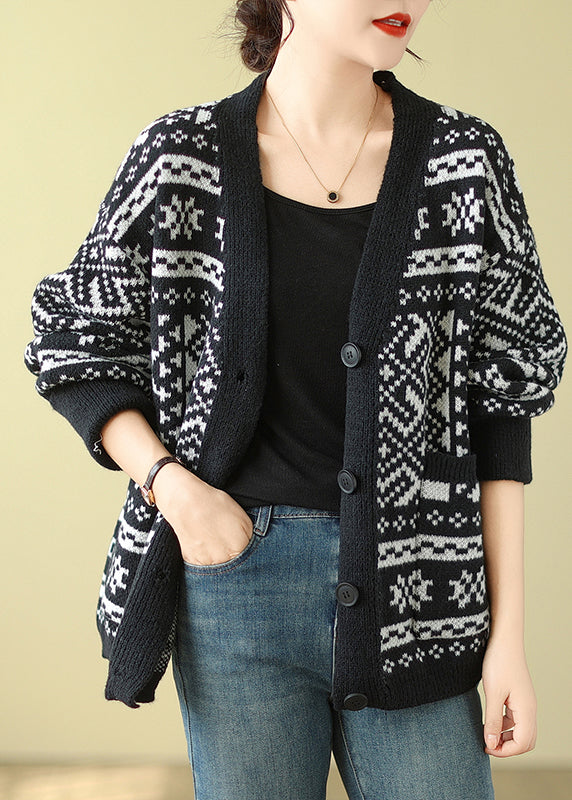 Black Oversized Print Knit Cardigan Spring Tm006