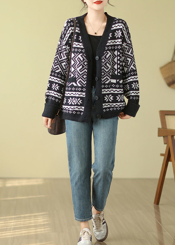 Black Oversized Print Knit Cardigan Spring Tm006