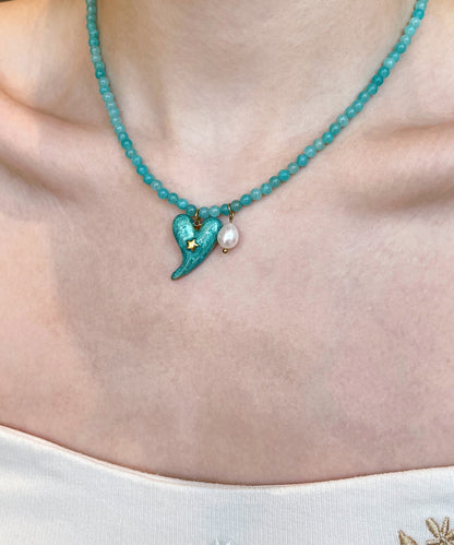 Blue Alloy Love Pearl Cat's Eye Stone Beading Pendant Necklace Two-piece Set