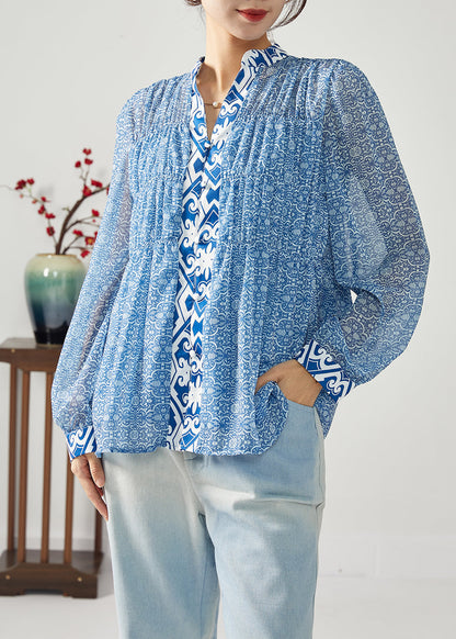Blue Print Patchwork Wrinkled Chiffon Blouses Spring Lc0383