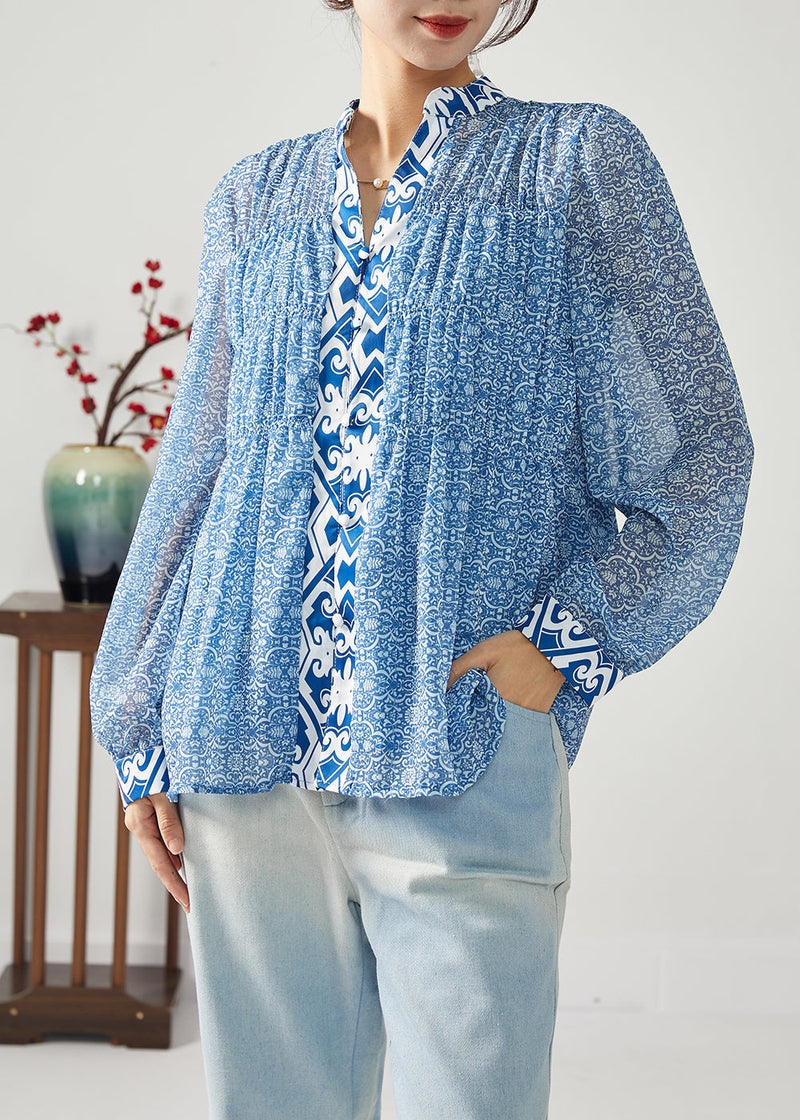 Blue Print Patchwork Wrinkled Chiffon Blouses Spring Lc0383