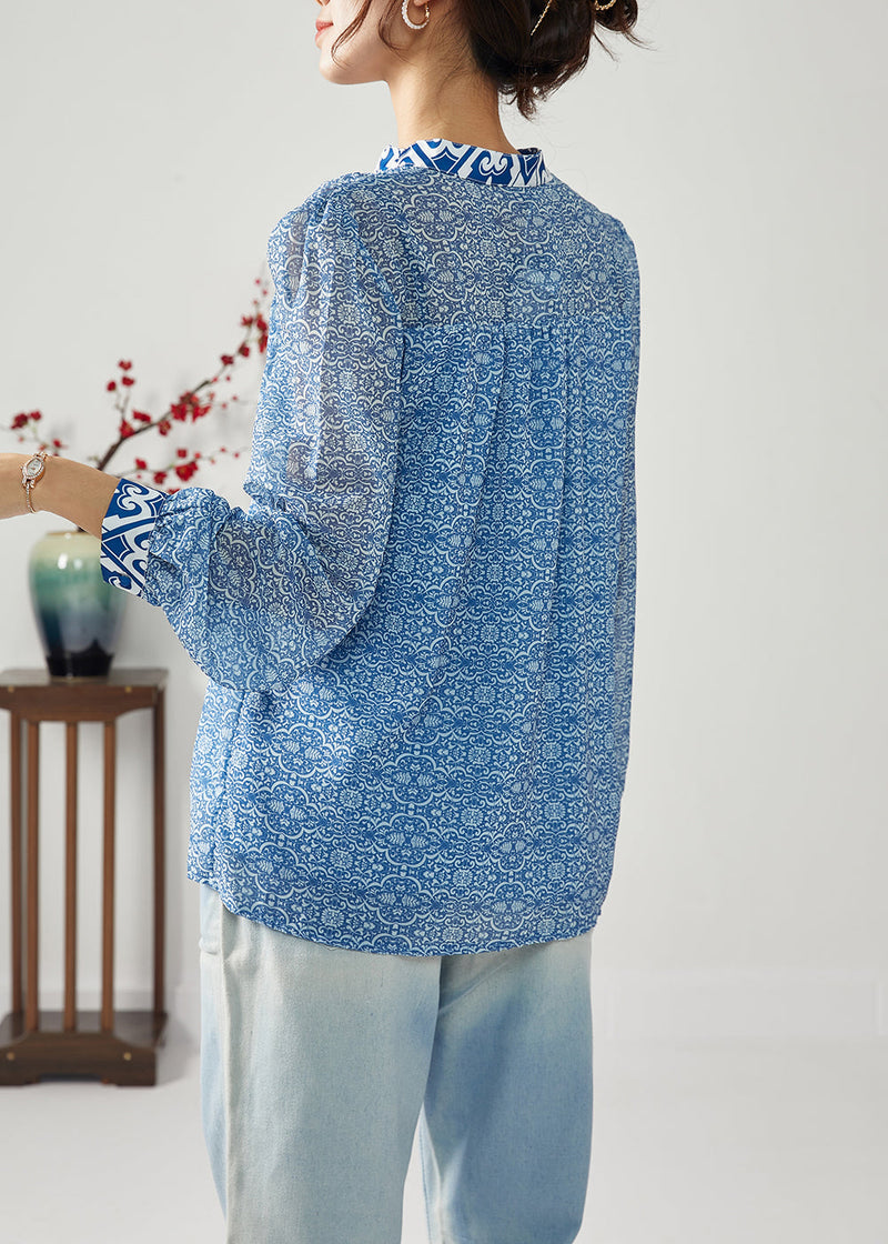 Blue Print Patchwork Wrinkled Chiffon Blouses Spring Lc0383