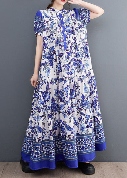 Blue Print Stand Collar Chiffon Long Dress Lantern Sleeve Ly1493