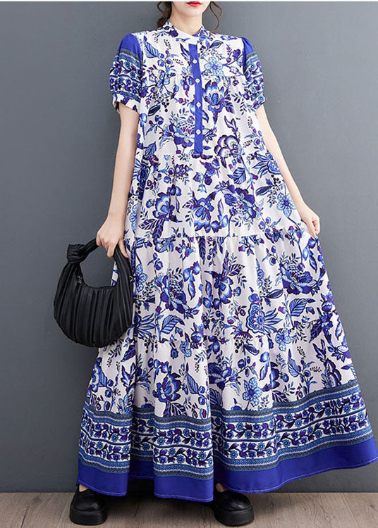 Blue Print Stand Collar Chiffon Long Dress Lantern Sleeve Ly1493