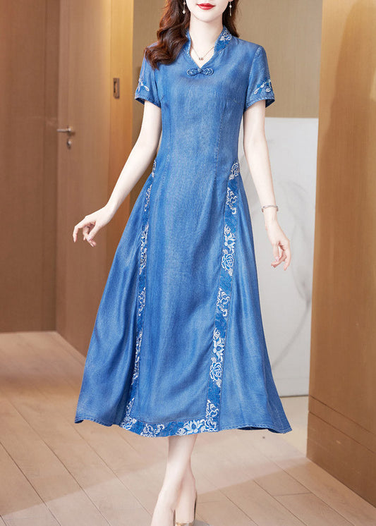 Blue Stand Collar Embroideried Butto Silk Denim Maxi Dresses Short Sleeve Ac2038