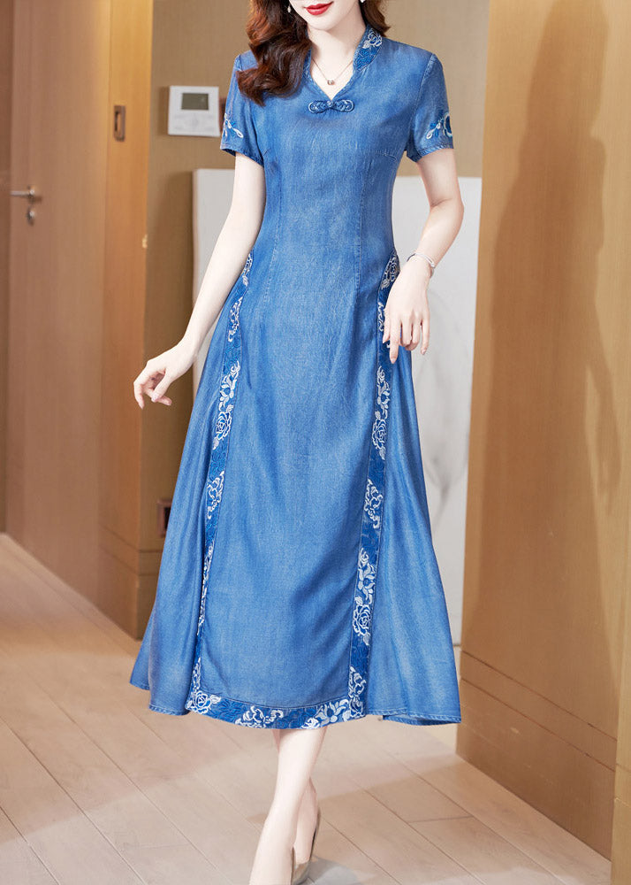 Blue Stand Collar Embroideried Butto Silk Denim Maxi Dresses Short Sleeve Ac2038