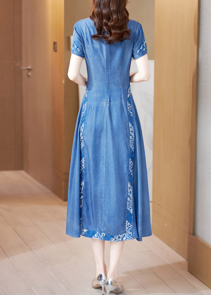 Blue Stand Collar Embroideried Butto Silk Denim Maxi Dresses Short Sleeve Ac2038