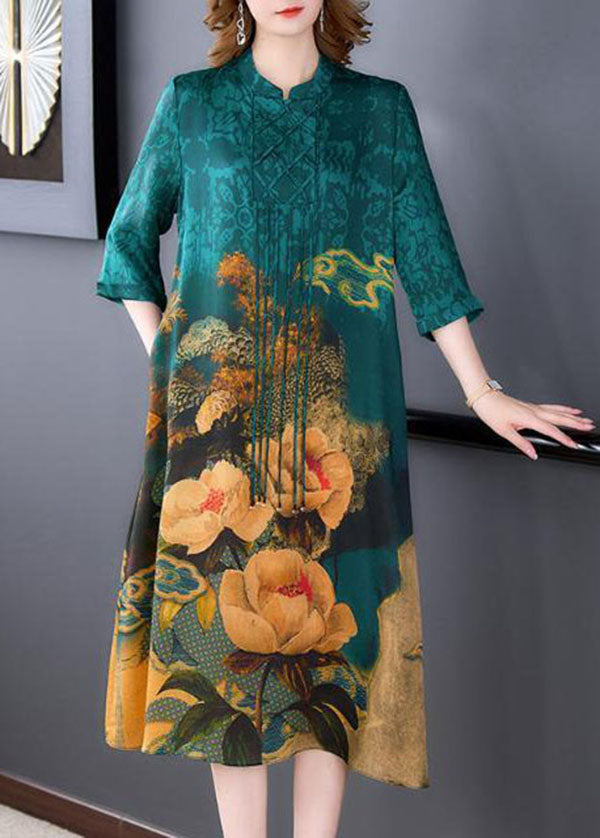 Blue Stand Collar Print Tassel Silk Long Dress Half Sleeve Ly1711