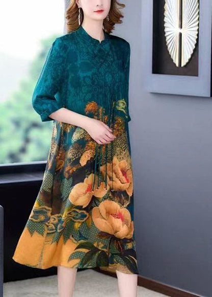 Blue Stand Collar Print Tassel Silk Long Dress Half Sleeve Ly1711