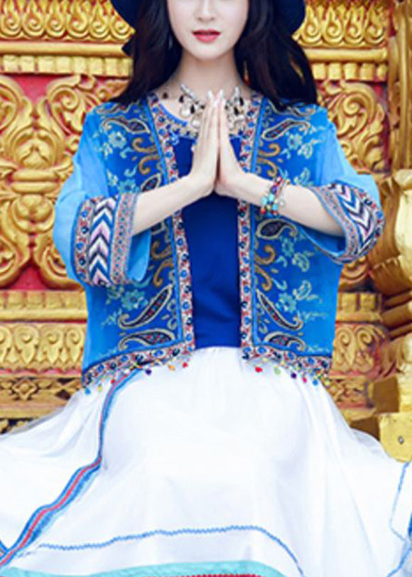Blue V Neck Print Tassel Cardigan Summer Ly0179