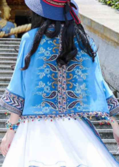 Blue V Neck Print Tassel Cardigan Summer Ly0179
