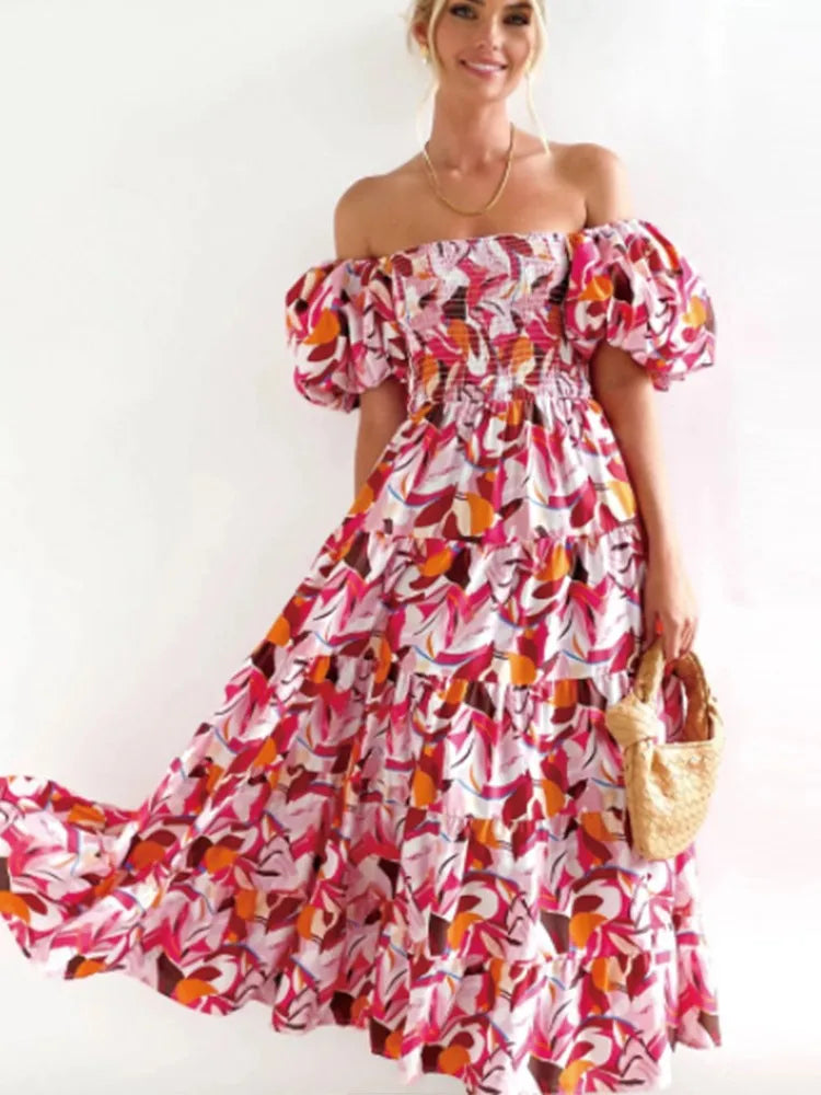 Color Print Off Shoulder Long Dresses Short Sleeves Backless Beach Vacation Style Dress Summer Vestidos
