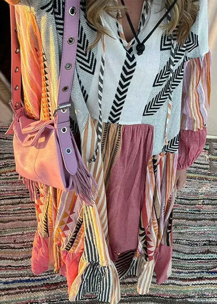 Colorblock Lace Up Print Cotton Maxi Dress Long Sleeve Bb055