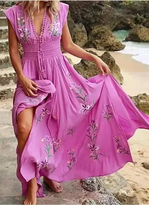 Print Long Dress V Neck Dress