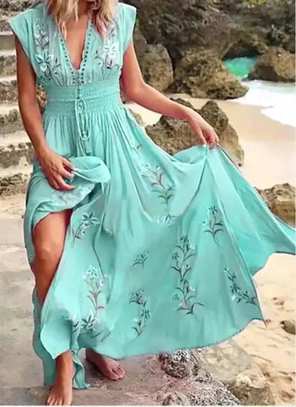 Print Long Dress V Neck Dress
