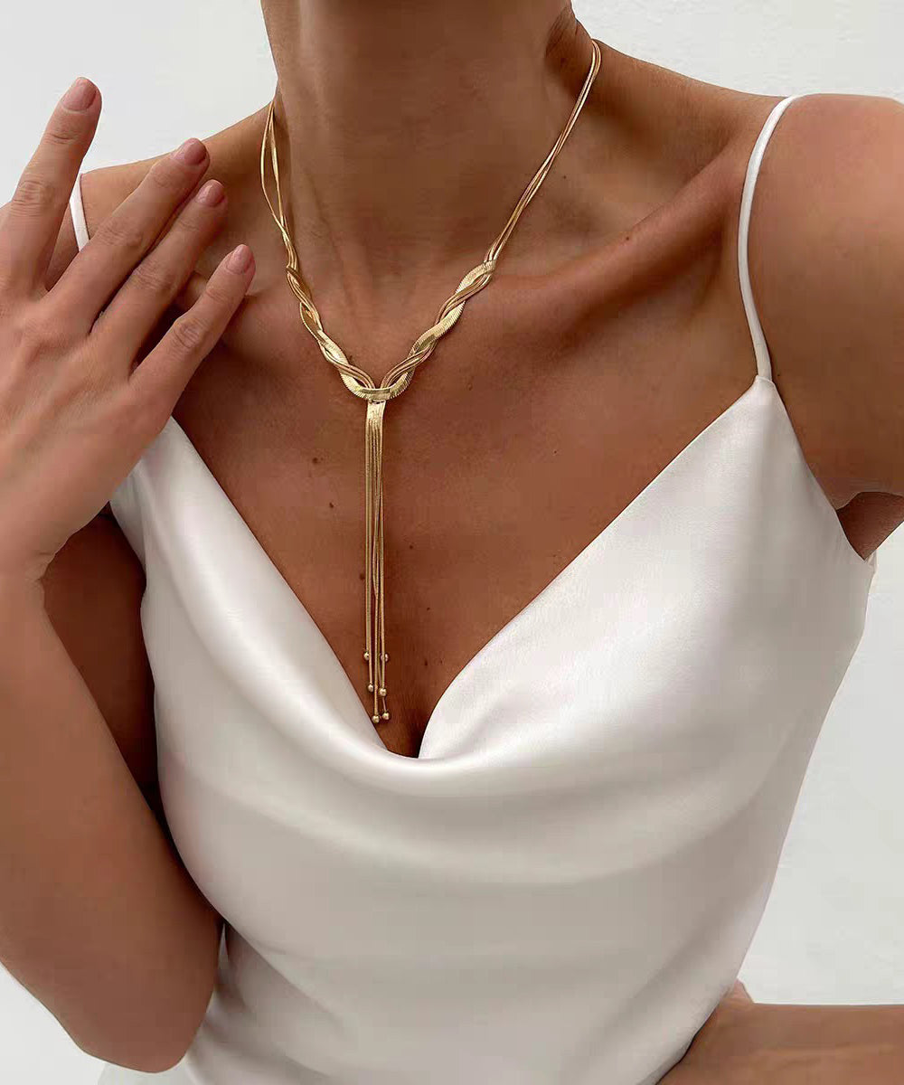 Gold Stainless Steel Alloy Snake Bone Lariat Necklace