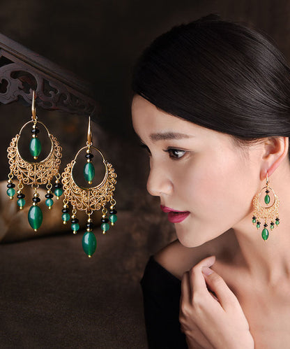 Green Agate Tassel 14k Gold Drop Earrings