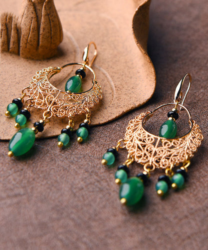 Green Agate Tassel 14k Gold Drop Earrings