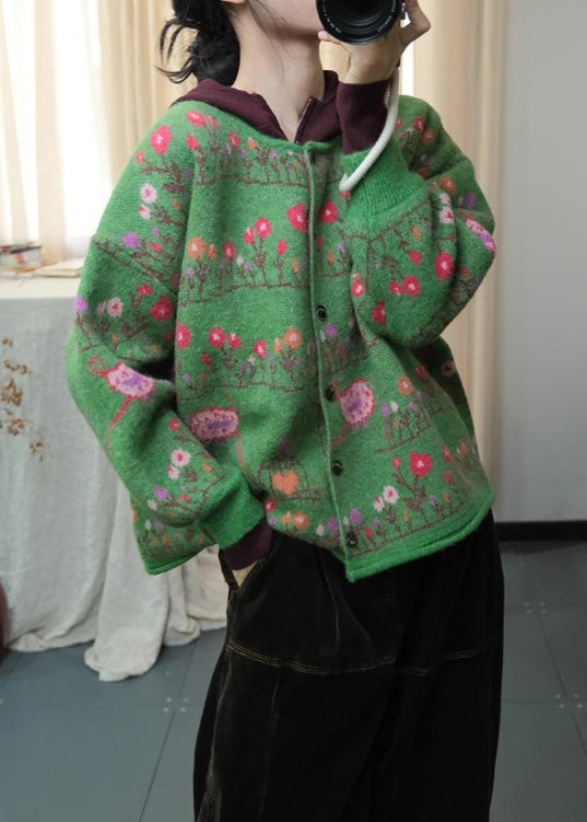 Green O Neck Print Loose Knit Cardigans Spring Ti003