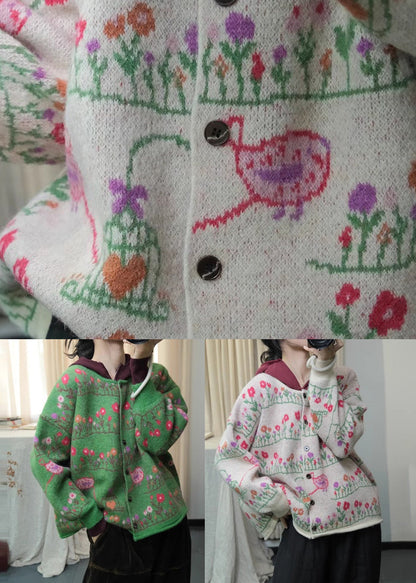 Green O Neck Print Loose Knit Cardigans Spring Ti003