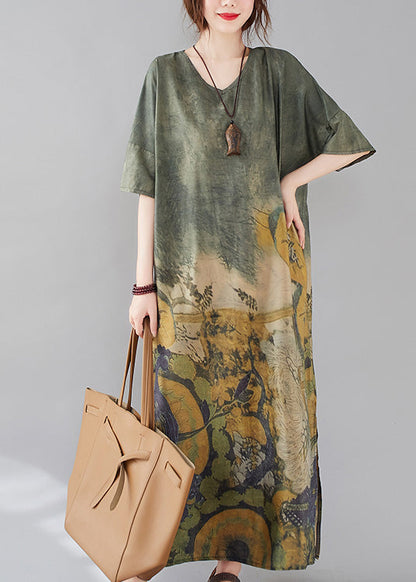 Green O-neck Print Side Open Long Dress Ac2038