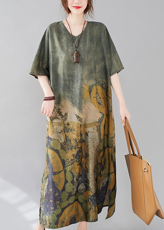 Green O-neck Print Side Open Long Dress Ac2038