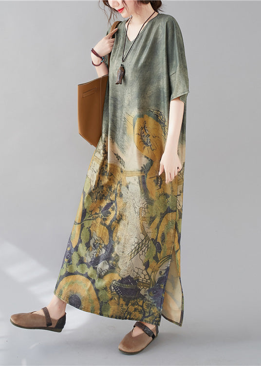 Green O-neck Print Side Open Long Dress Ac2038