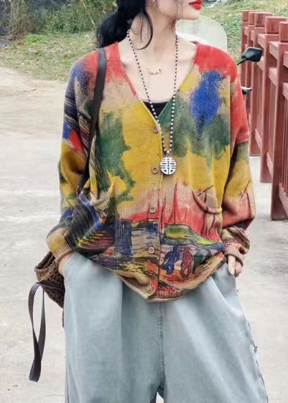 Green V Neck Print Pockets Knit Cardigans Long Sleeve Ff046