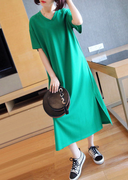 Green V Neck Side Open Cotton Long Dress Summer Ly1447