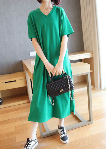 Green V Neck Side Open Cotton Long Dress Summer Ly1447