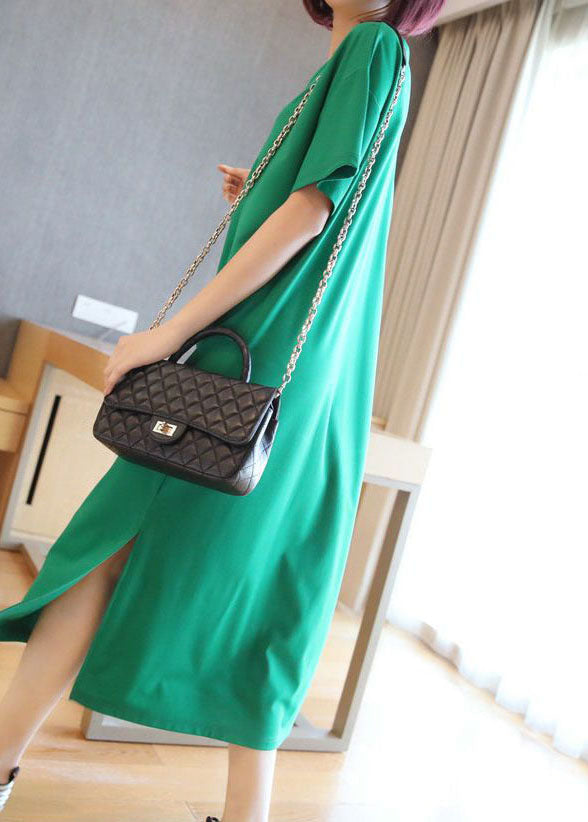 Green V Neck Side Open Cotton Long Dress Summer Ly1447