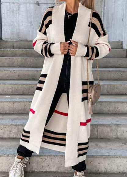 Grey V Neck Striped Knit Cardigan Fall Qy010