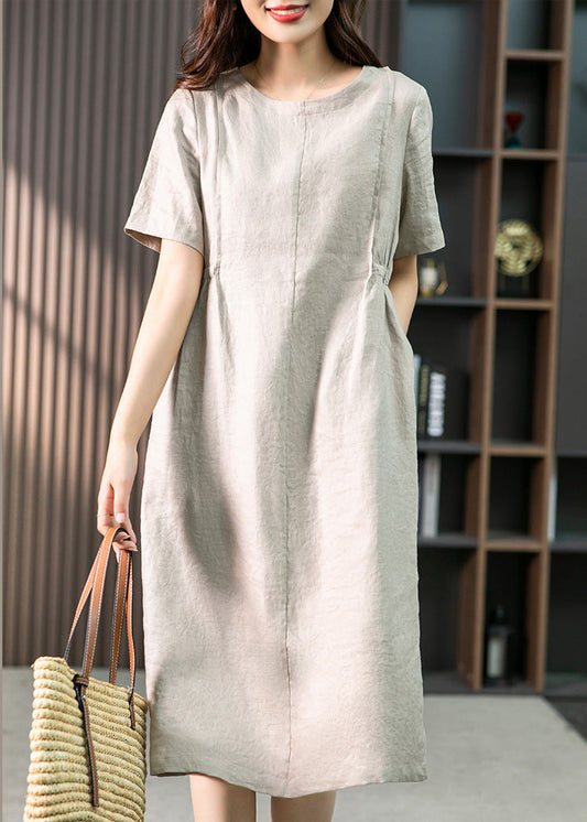 Khaki O-neck Patchwork Wrinkled Linen Long Dresses Summer Ly1755