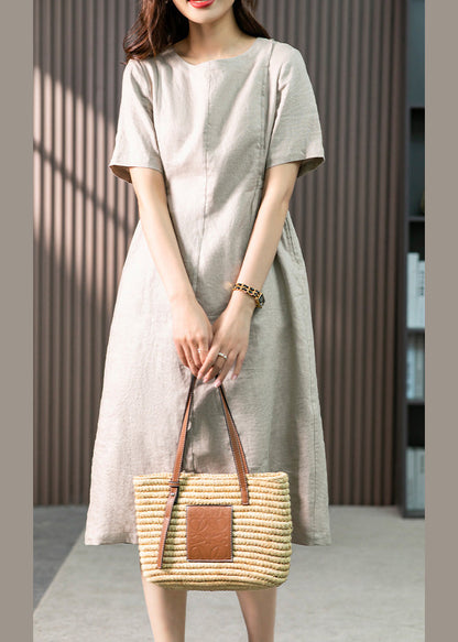 Khaki O-neck Patchwork Wrinkled Linen Long Dresses Summer Ly1755